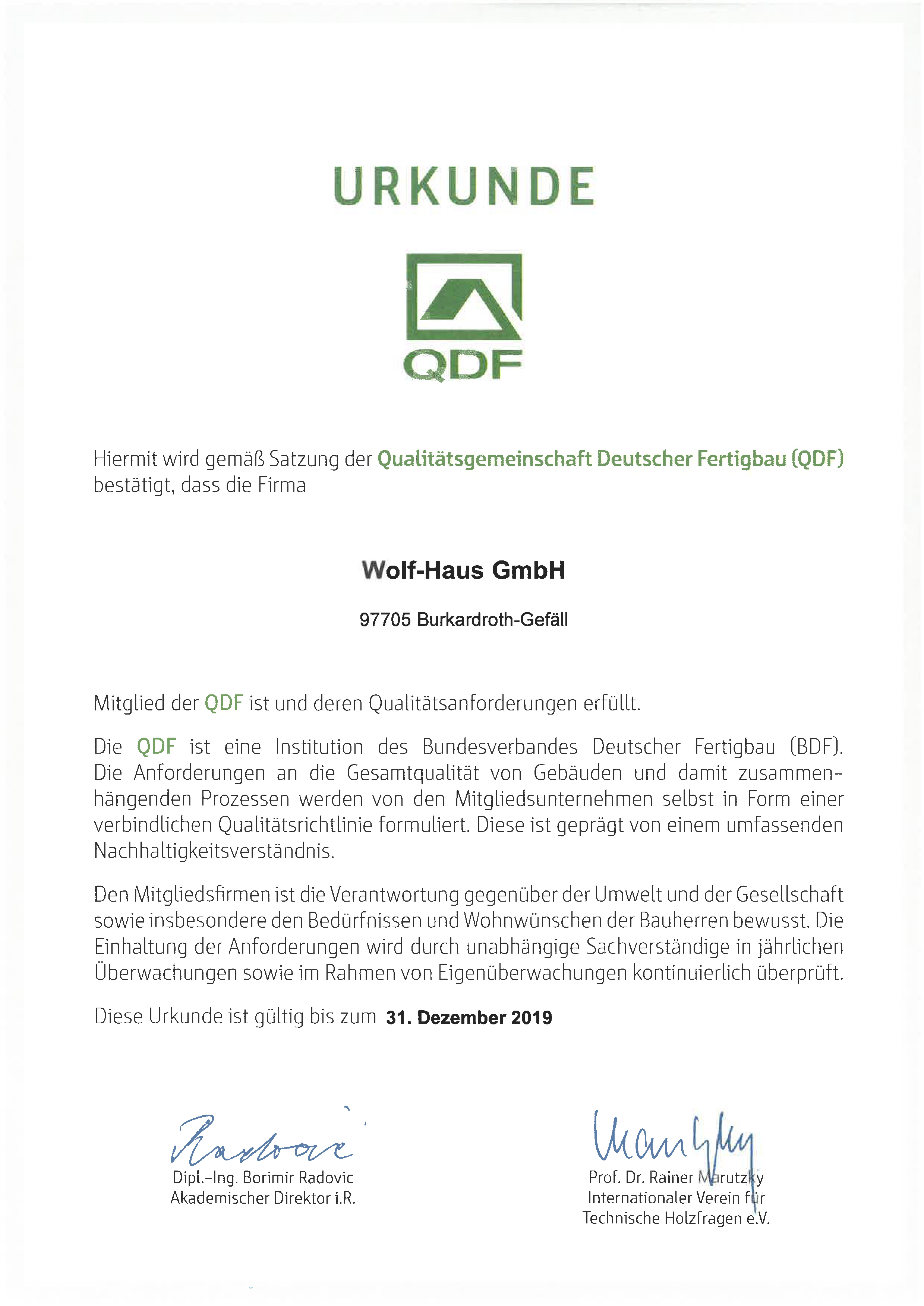 WOLF-Haus QDF-Urkunde